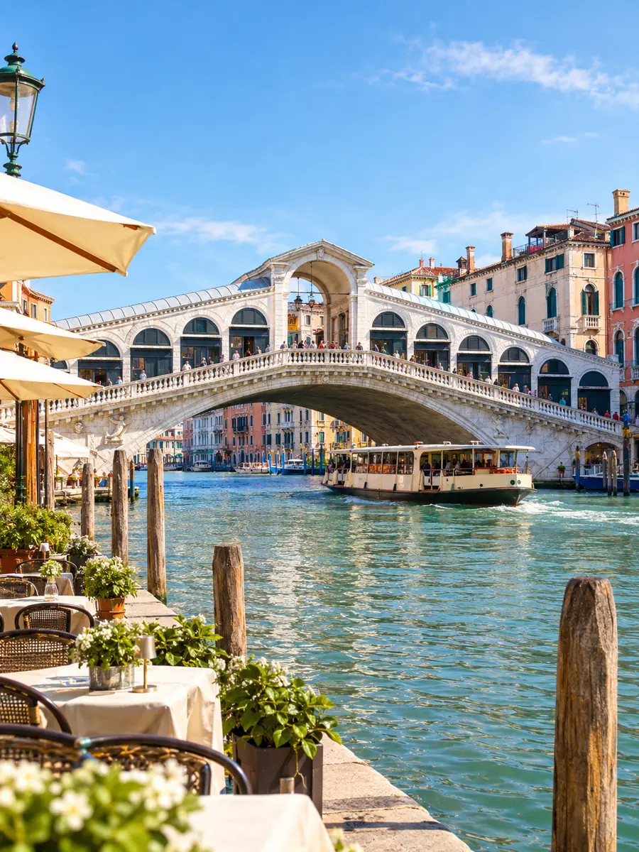 The Rialto Bridge seen from the Riva del Vin on a sunny day, with a vaporetto on the Grand Canal