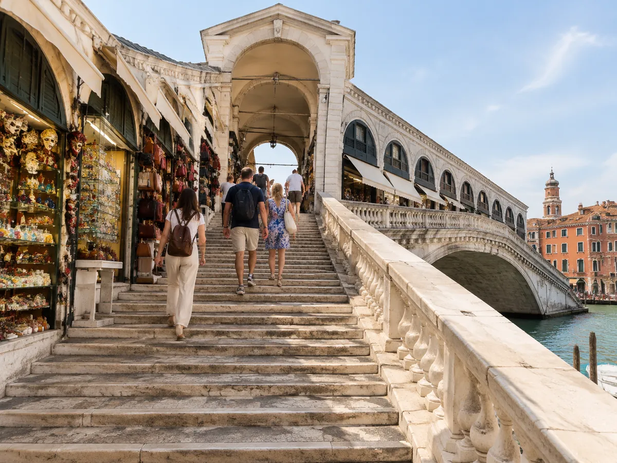 Visitors walking up the central steps of the Rialto Bridge between rows of small shops