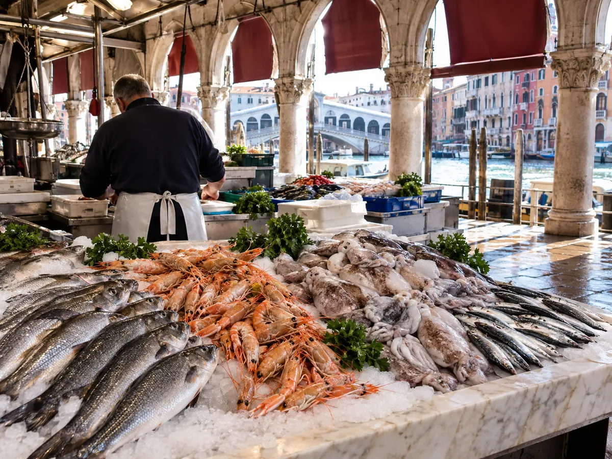 A fishmonger behind a marble counter of fresh fish and prawns under the arches of the Rialto fish market
