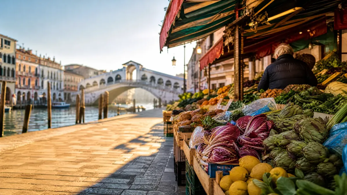 A produce stall with artichokes, radicchio and lemons under a green awning, the Rialto Bridge behind it along the Grand Canal